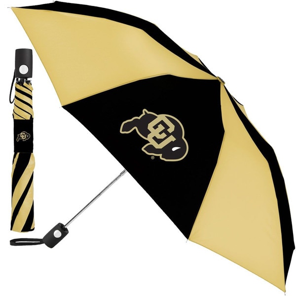 Umbrella with alternating vegas gold and black panels with the CU Buffalo logo on a panel.